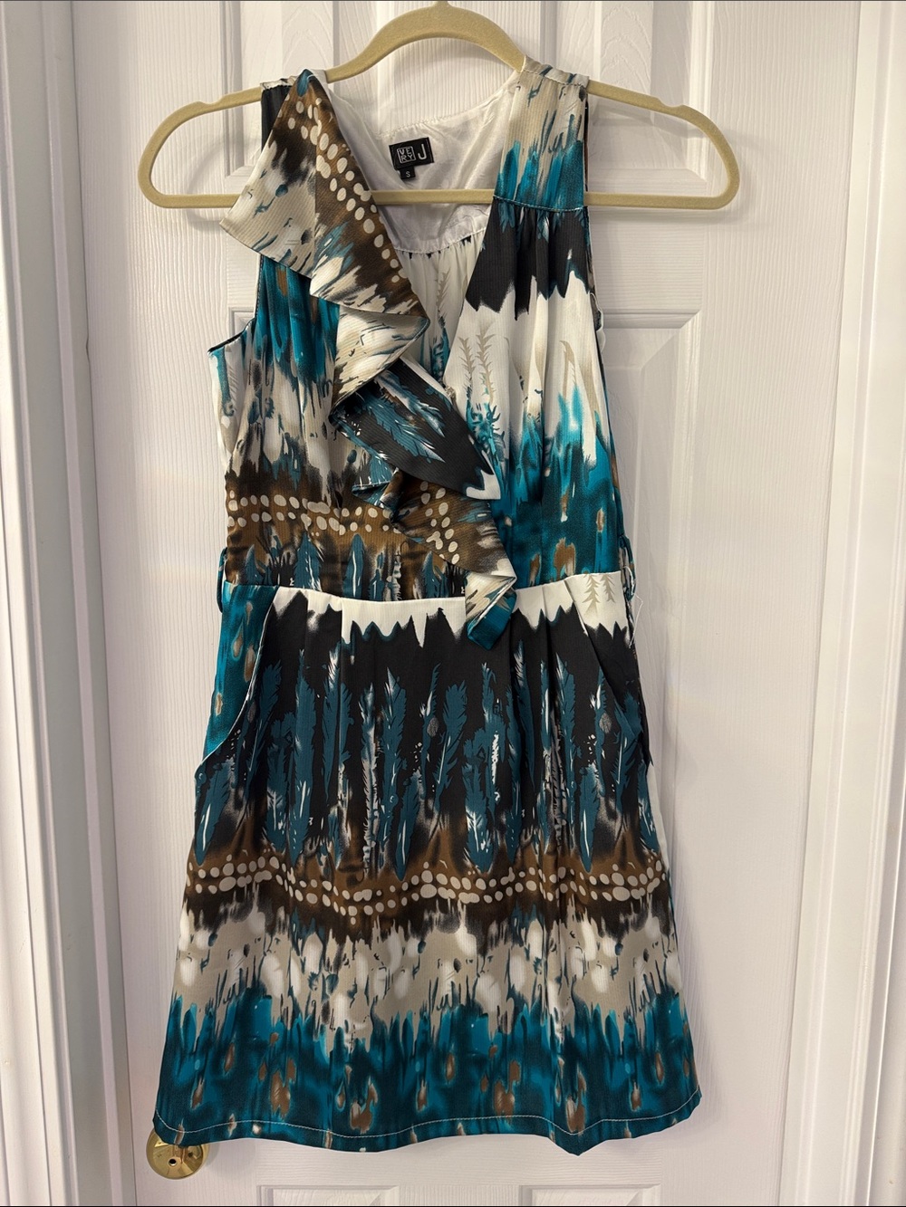 Teal & Brown Printed Sleeveless Ruffle Dress